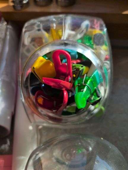 Knives with knife block, jars, flashlight, and other household items