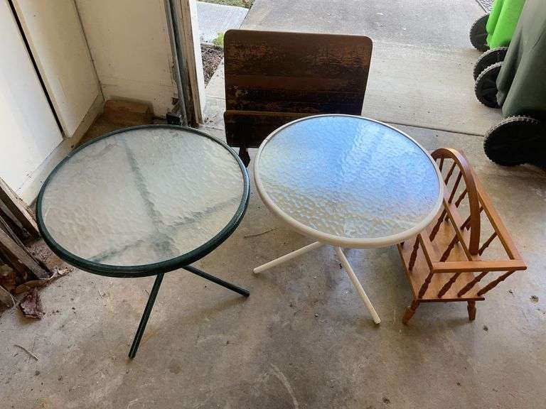 (2) patio tables, magazine rack & school bench