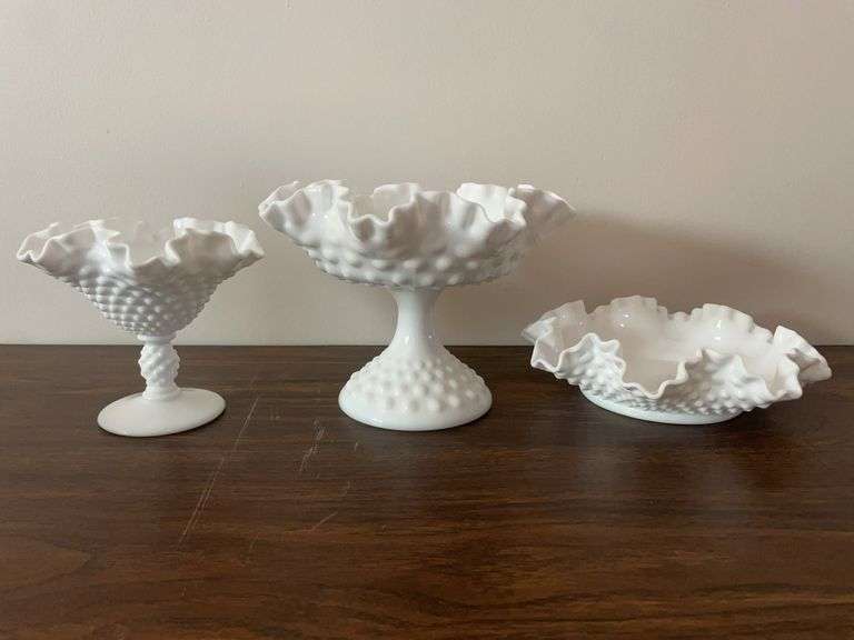 Fenton compote and (2) other hobnail pieces