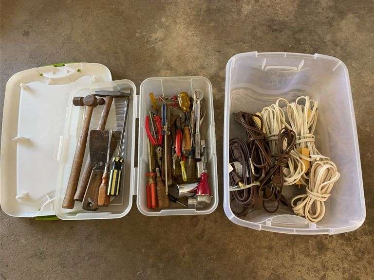 Tote w/ small indoor extension cords & tote w/ tools including screwdrivers & more