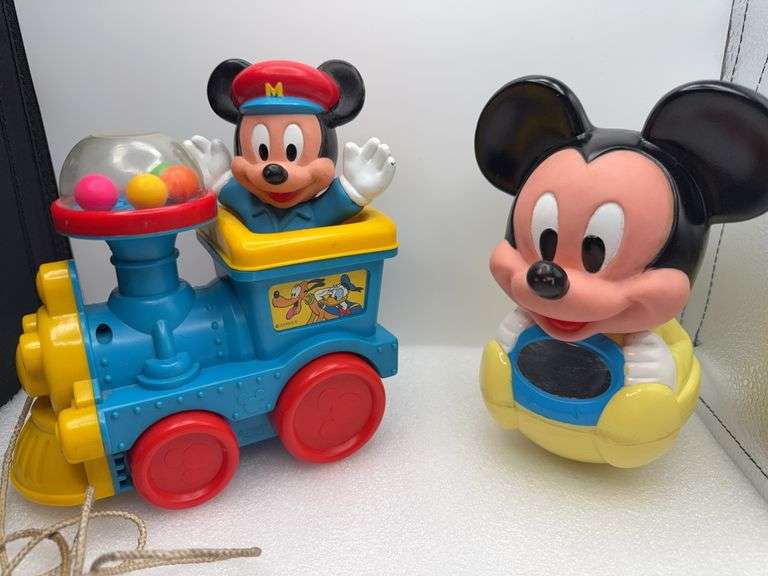 Vintage Disney Mickey Mouse  Pull String Train Toy With Popping Balls & Mickey Mouse Roly Poly