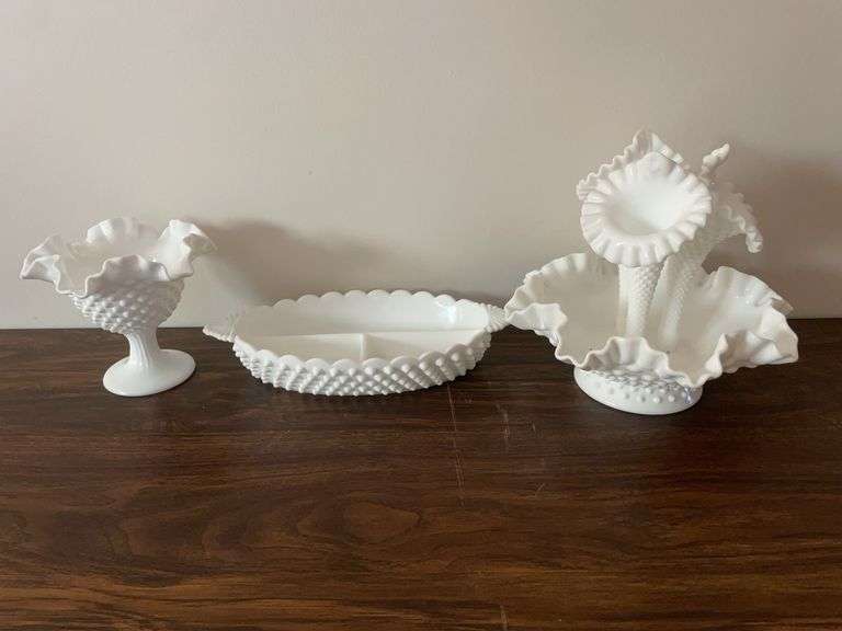 (3) Hobnail milk glassware pieces