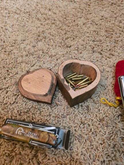 Handwarmer, knife & small wooden box with loose ammo