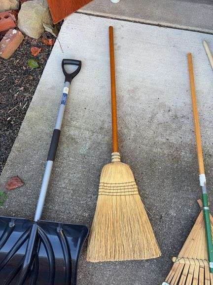 (2) rakes, broom & snow shovel