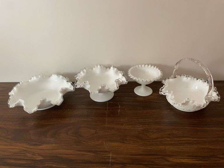 Fenton basket and (3) other silver crested dishes