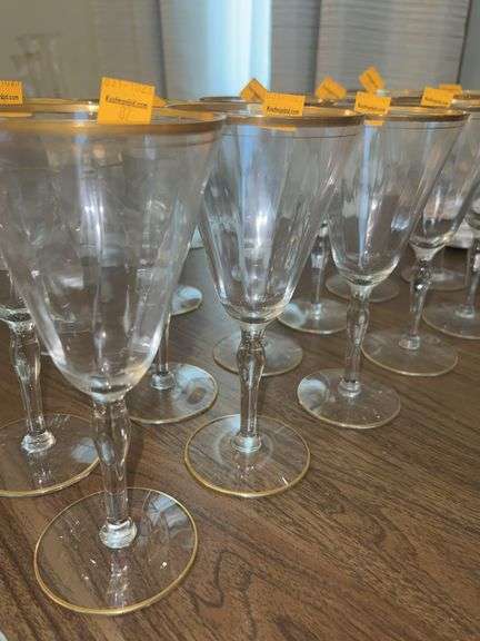 Set of (11) Fostoria Aurora Gold Rimmed Wine Glasses