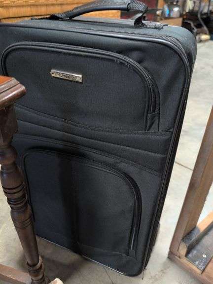 (2) end tables, upholstered stool, suitcase, and unfinished coffee table