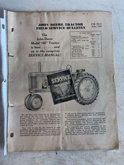 John Deere No. 7 Power Mower manual, 1952 field service bulletin, and other John Deere manual