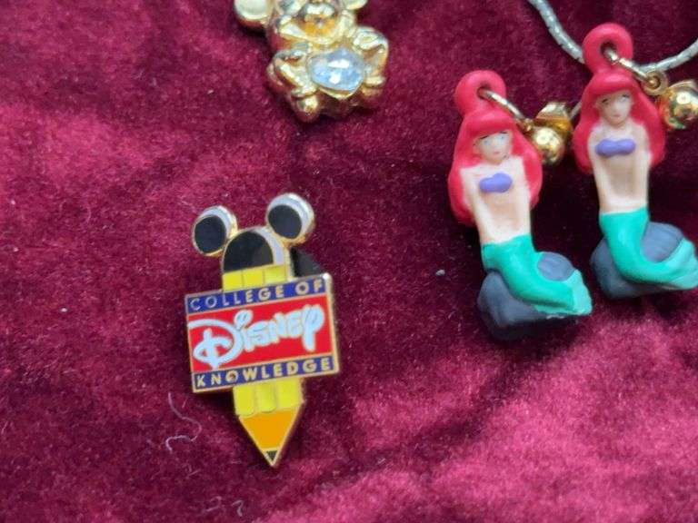 Disney Lot To Include Lorus Watch, Ariel Princess Earrings, Mickey Mouse Necklace, Keychain & Pin of