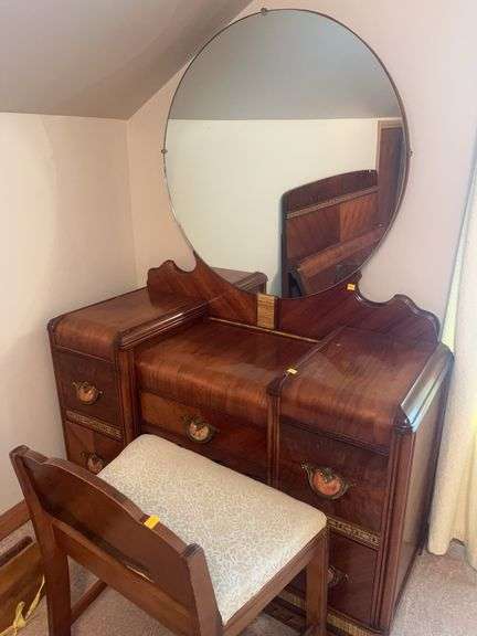 Antique Wooden Vanity and Chair