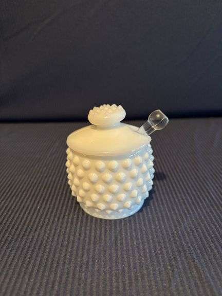 Fenton Hobnail milk glass Mustard Dish With Spoon