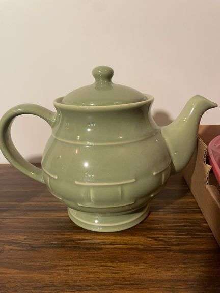 Longaberger teapot, dish, and other piece, and Fiesta dish