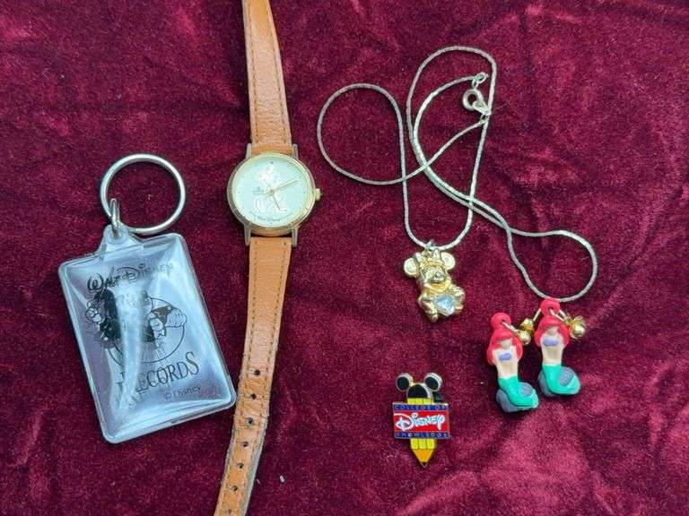 Disney Lot To Include Lorus Watch, Ariel Princess Earrings, Mickey Mouse Necklace, Keychain & Pin of