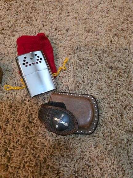 Handwarmer, knife & small wooden box with loose ammo