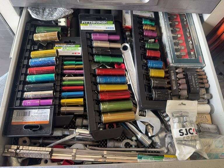 Drawer of Pittsburgh Socket Sets, Nut Sets, Tools