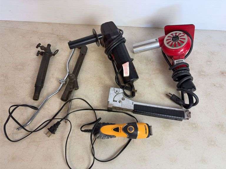 Heat gun, stapler, Skil disc grinder, clippers, and more