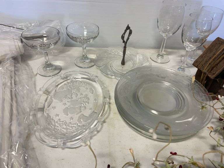 Glass plates, stem glassware, tin plates, and more