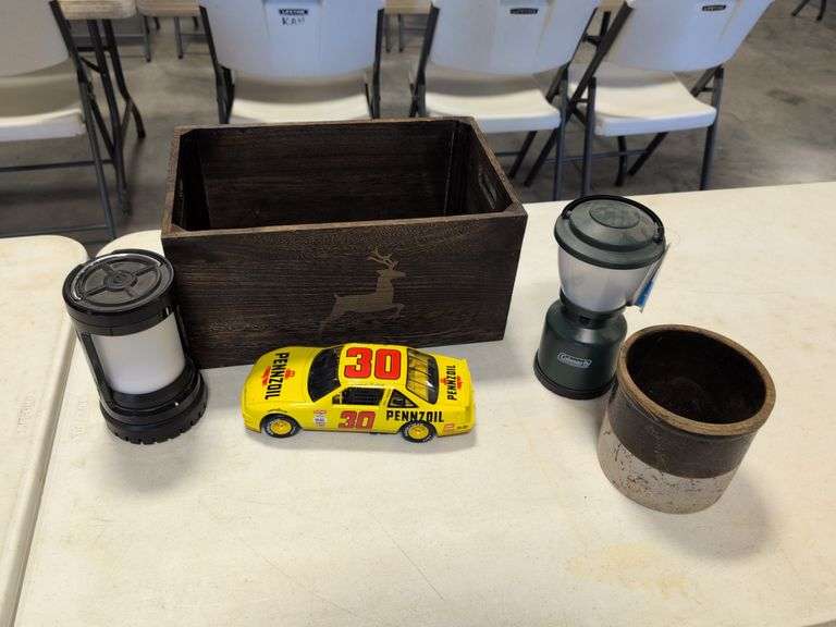 Crate with (2) Coleman lanterns, crock, and model NASCAR