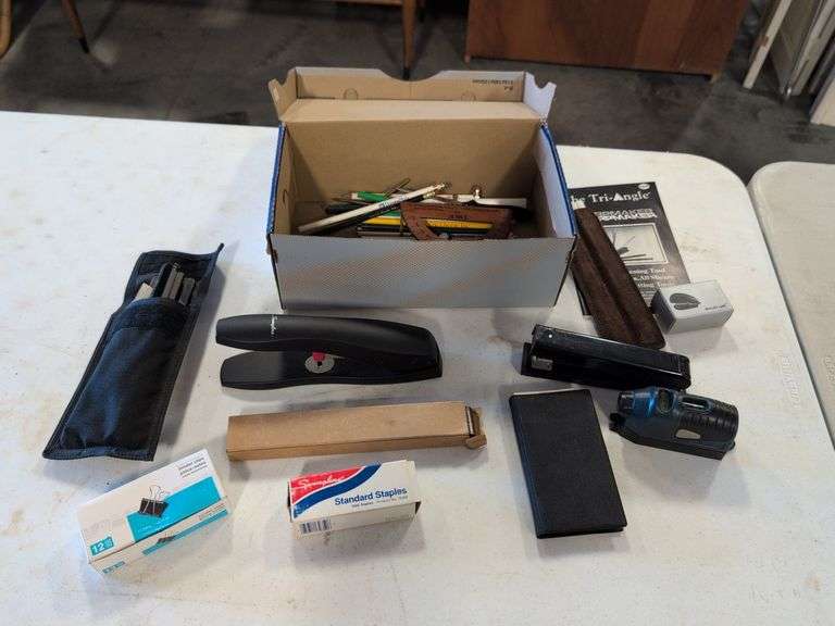 Office supplies - stapler, knife sharpener, binder clips, and more