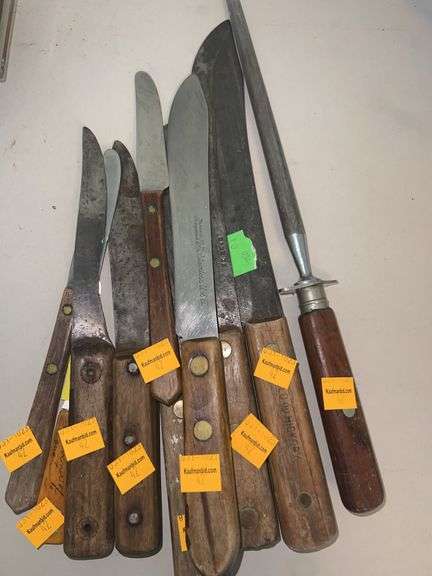 Assorted Wooden Handled Knives and Sharpener