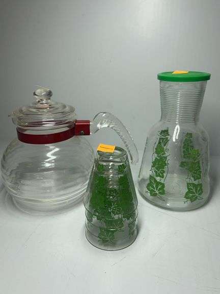 Hazel Atlas Green Ivy Juice Decanter and Glasses, McKee Glasbake “Beehive” Coffee Pot
