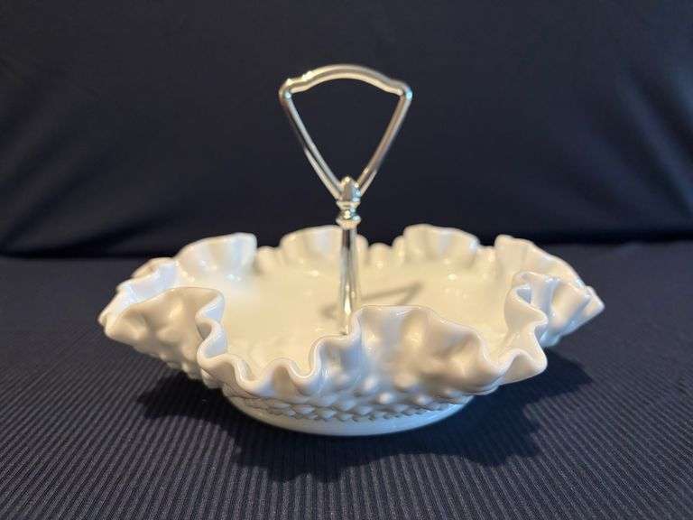 Fenton Hobnail milk glass handled bonbon
