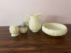 (4) pieces of Fenton - including owl dish, pitcher, bowl, and hand painted candle