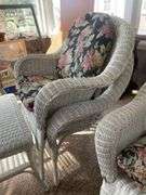 wicker loveseat, (2) patio chairs w/ matching stand