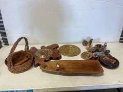 Decorative clock, baskets, and wooden pieces