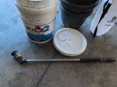 (2) 5 gallon buckets with lids, flower pots, sprayer, and hose nozzle
