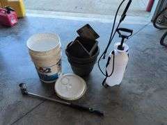 (2) 5 gallon buckets with lids, flower pots, sprayer, and hose nozzle