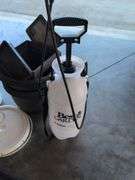 (2) 5 gallon buckets with lids, flower pots, sprayer, and hose nozzle
