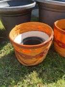 (2) large plastic planters, ceramic planter & decorative basket planter covers