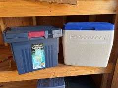 Igloo & Coleman coolers & (2) plastic storage totes