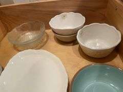 Anchor ovenware casserole dish, pig cutting board, tin molds & other dishes