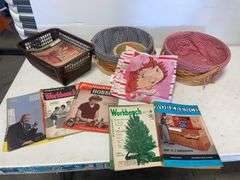Baskets, cloth, and antique magazines