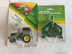 (3) John Deere model tractors, (1) rotary cutter, and (2) implements - 1/64 scale