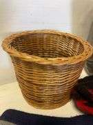 Blankets, seat cushions, Easton trash bin, and basket