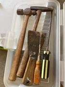 Tote w/ small indoor extension cords & tote w/ tools including screwdrivers & more