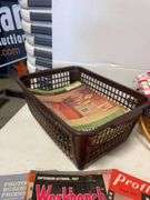 Baskets, cloth, and antique magazines