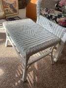 wicker loveseat, (2) patio chairs w/ matching stand