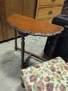 (2) end tables, upholstered stool, suitcase, and unfinished coffee table