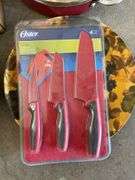 Kitchen lot including crock pot, frying pan, oster knife set & more