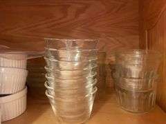 Contents of shelf including ramekins, vases & small Pyrex dishes