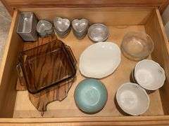 Anchor ovenware casserole dish, pig cutting board, tin molds & other dishes