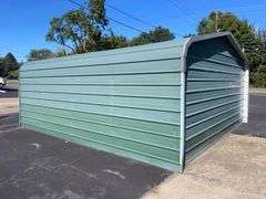 20x21 ft. Green metal Garage - w/ man door & garage door