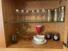 (2) shelves of glassware - stem, drinking cups, and more