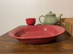 Longaberger teapot, dish, and other piece, and Fiesta dish