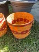 (2) large plastic planters, ceramic planter & decorative basket planter covers