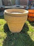 (2) large plastic planters, ceramic planter & decorative basket planter covers